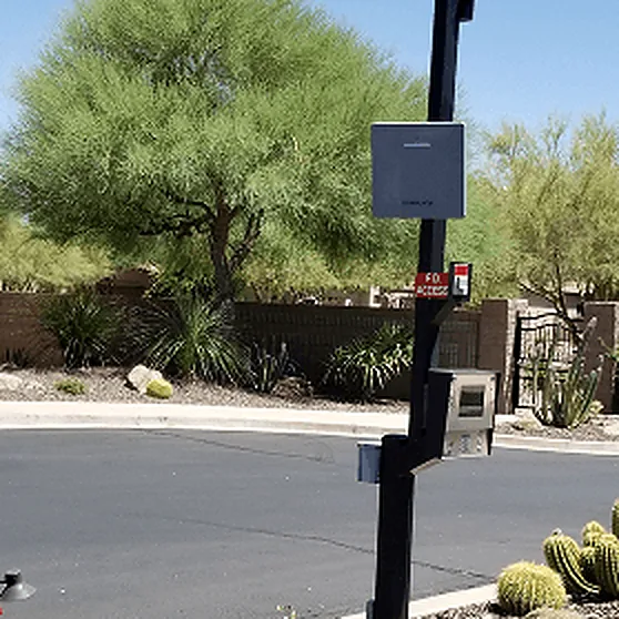 Pole-mounted reader and call box at a community entrance with desert trees